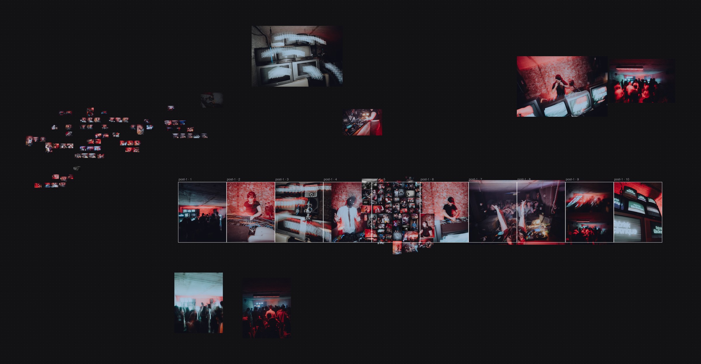 A full table: dimmed photos at the left, enlarged picks, and a ten-slide carousel through the middle